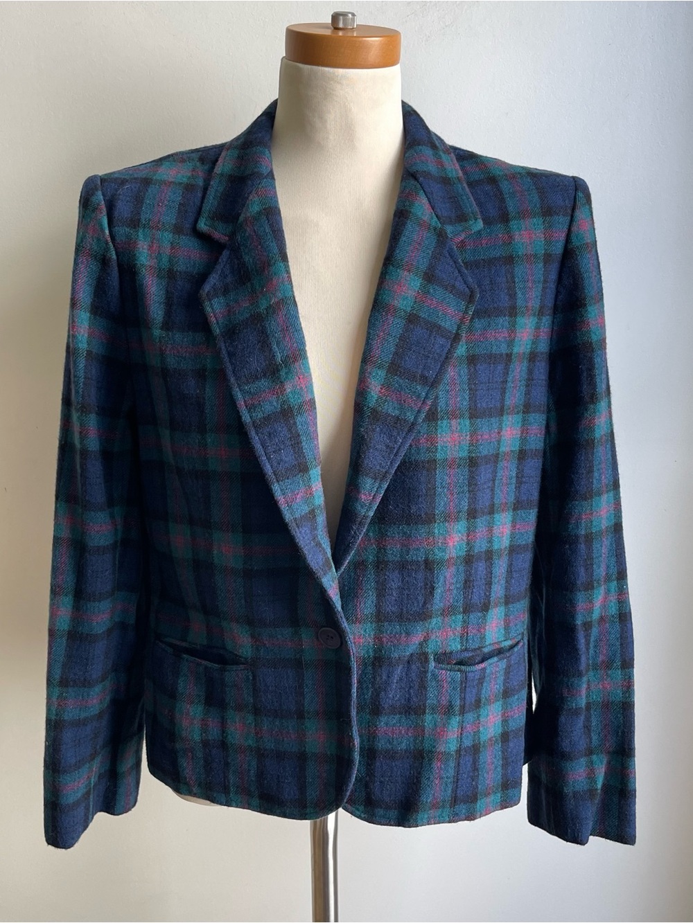 Vintage 70s Womens Pendleton Wool Plaid Blazer One Button Navy USA 16 Small